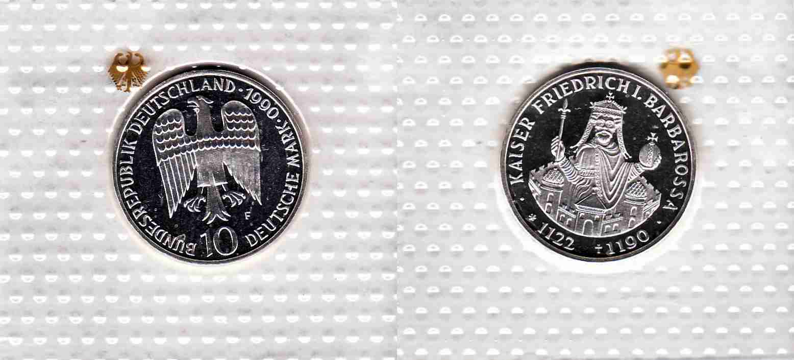 10 DM Gedenkmünze 1990 F 800. Todestag Kaiser Friedrich I. Barbarossa PP
