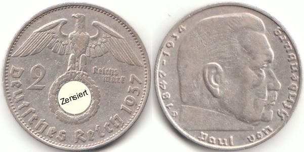2 Reichsmark Deutsches Reich 1937 Paul von Hindenburg D