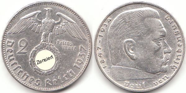 2 Reichsmark Deutsches Reich 1937 Paul von Hindenburg E