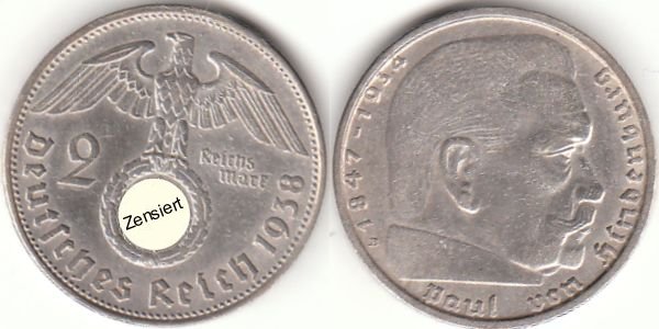 2 Reichsmark Deutsches Reich 1938 Paul von Hindenburg E