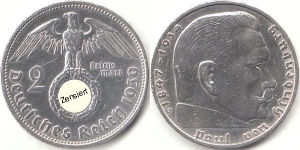 2 Reichsmark Deutsches Reich 1939 Paul von Hindenburg F