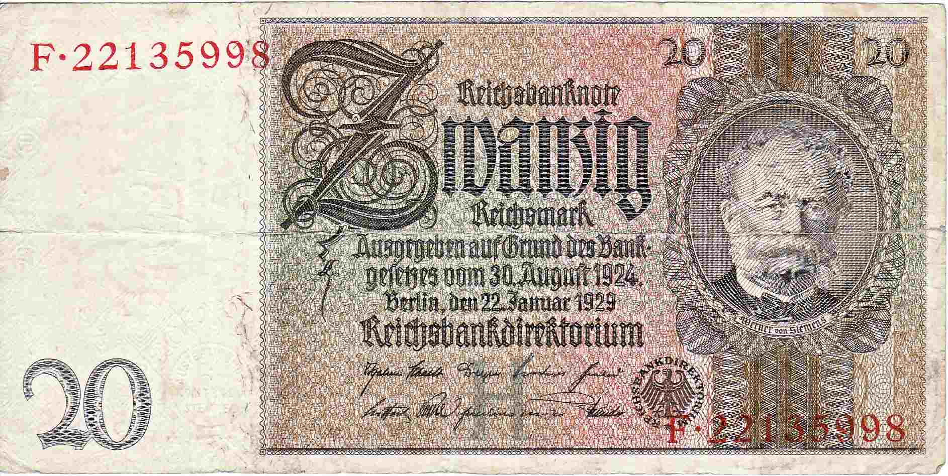 20 Reichsmark Reichsbanknote 1929 R