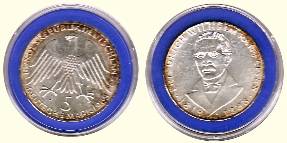 5 DM Gedenkmünze 1968 J 150. Geburtstag Friedrich Wilhelm Raiffeisen ST