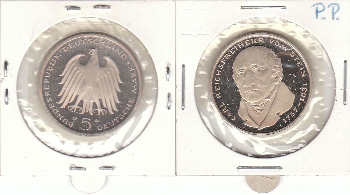 5 DM Gedenkmünze 1981 J 150. Todestag Freiherr vom und zum Stein PP