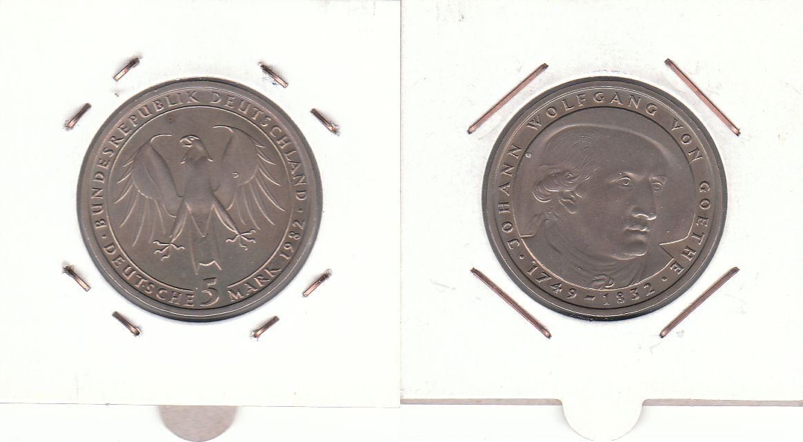 5 DM Gedenkmünze 1982 D 150. Todestag Johann Wolfgang von Goethe ST