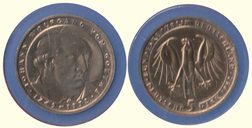 5 DM Gedenkmünze 1982 D 150. Todestag Johann Wolfgang von Goethe ST