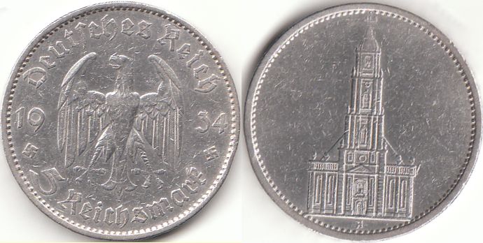 5 Reichsmark Deutsches Reich 1934 Garnisonkirche Potsdam A