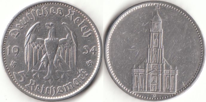 5 Reichsmark Deutsches Reich 1934 Garnisonkirche Potsdam D