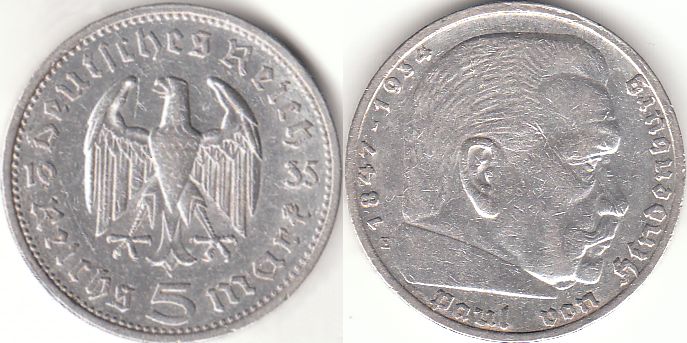 5 Reichsmark Deutsches Reich 1935 Paul von Hindenburg E
