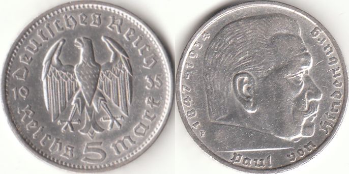 5 Reichsmark Deutsches Reich 1935 Paul von Hindenburg F