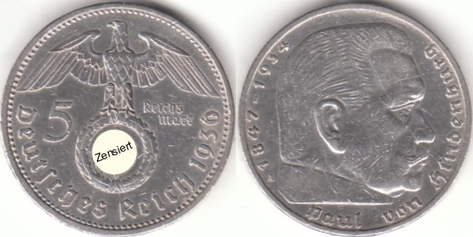5 Reichsmark Deutsches Reich 1936 Paul von Hindenburg A