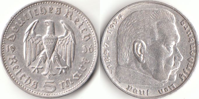 5 Reichsmark Deutsches Reich 1936 Paul von Hindenburg F