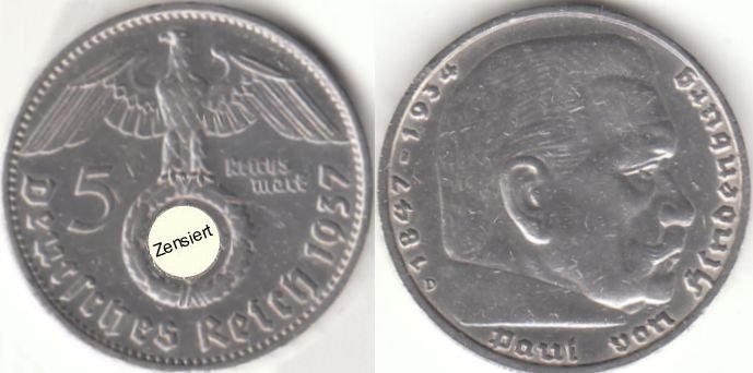 5 Reichsmark Deutsches Reich 1937 Paul von Hindenburg D