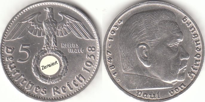 5 Reichsmark Deutsches Reich 1938 Paul von Hindenburg D